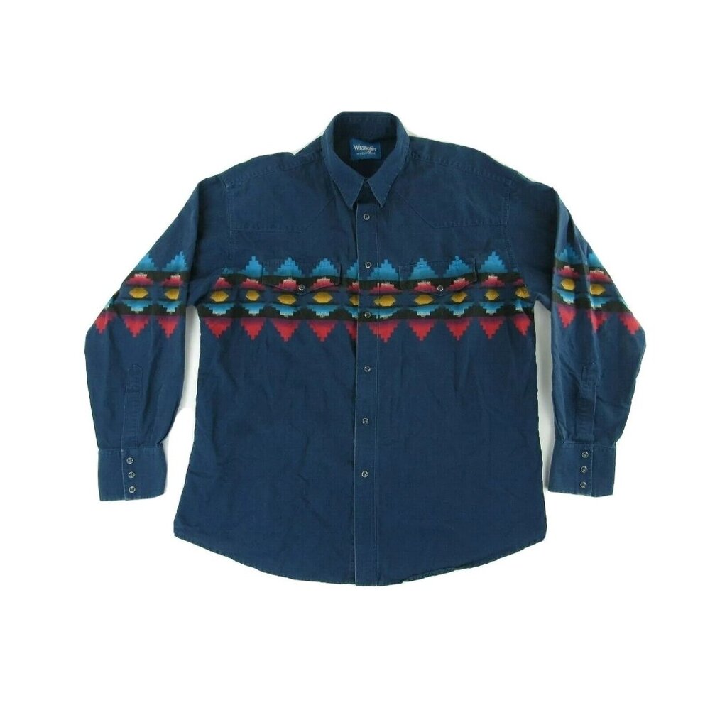 Wrangler Mens Pearl Snap Western Shirt L Blue Aztek Print